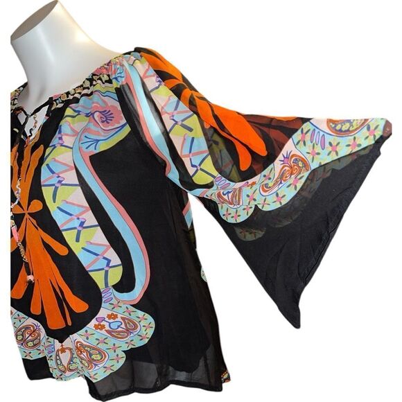 URBAN MANGOZ Small hi low blouse graphic print semi-sheer silky Layer Colorful - Picture 6 of 8